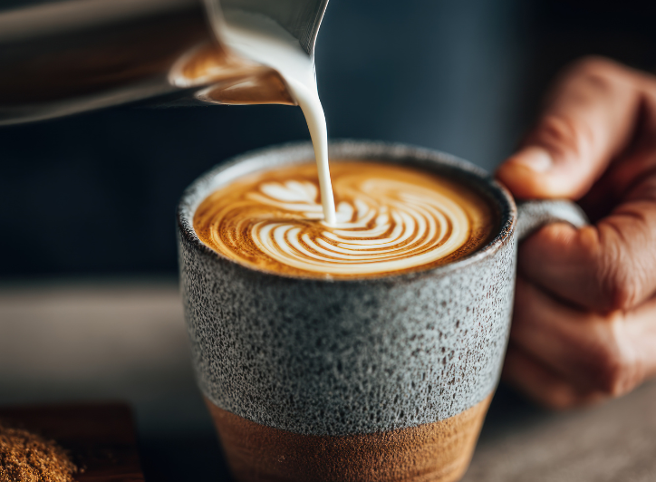 En kop med kaffe er i gang med at blive fyldt med mælk for at danne et blad.
