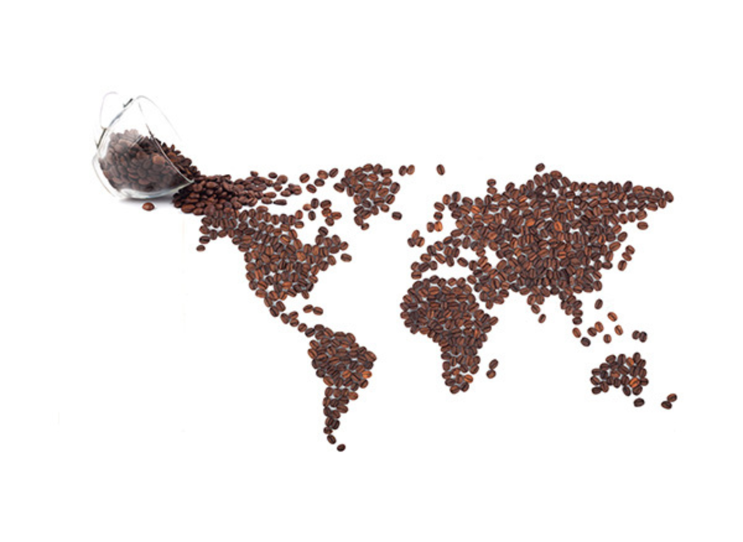 Et verdenskort lavet med kaffebønner som hældes ud fra et glas.
