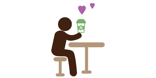 Illustration af menneske ved et bord med en kop kaffe og hjerter over