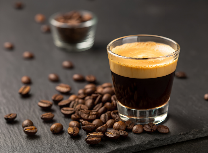 Glas med espresso bord et sort bord med kaffebønner liggende omkring