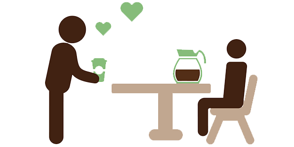 Mand og kvinde ved bord med kop kaffe og en kande med kaffe