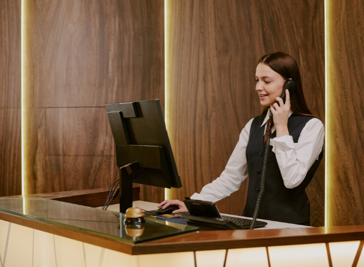 Receptionist står med en telefon i hånden og arbejder ved sin computer